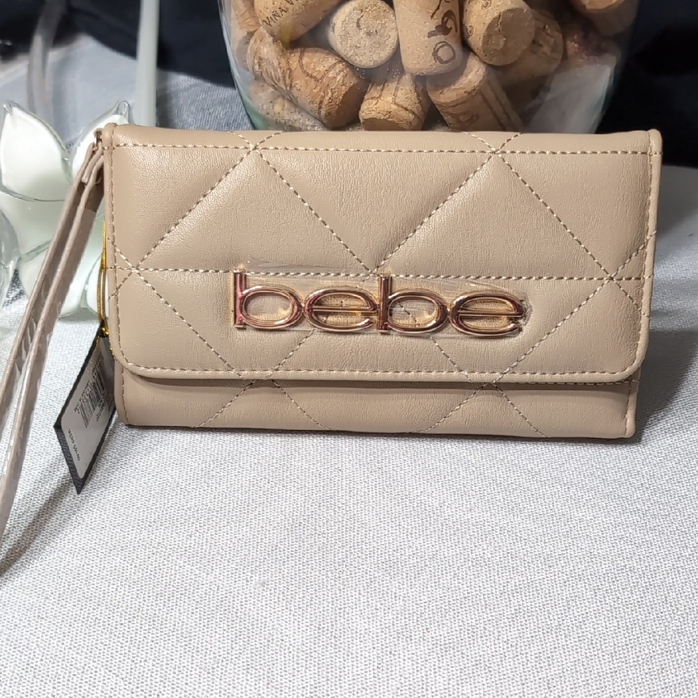 bebe Tan Quilted Clutch Wristlet